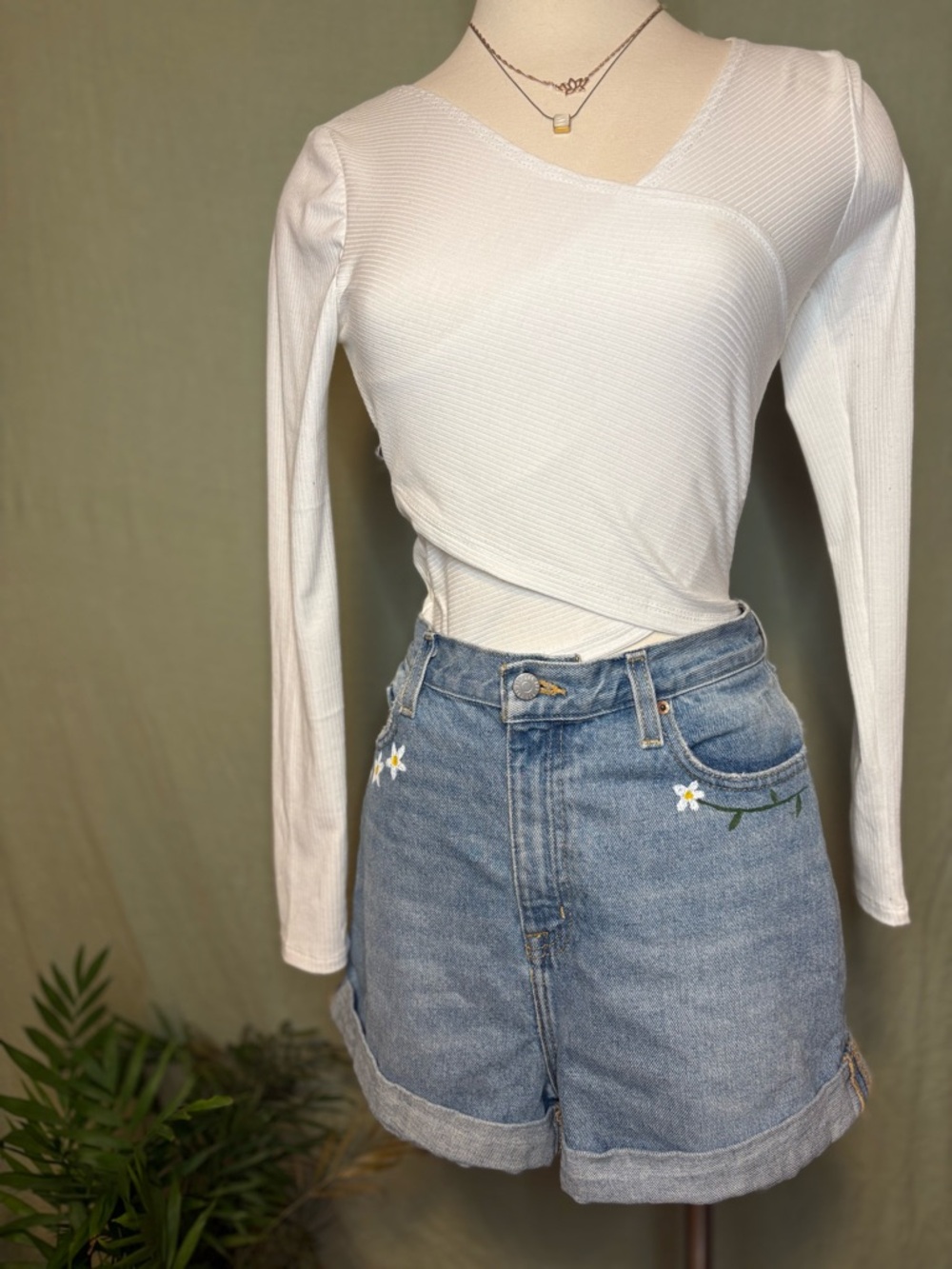 Good Luck Gem White Ribbed Wrap-Front Long Sleeve Top